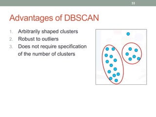 Advantages of DBSCAN
1. Arbitrarily shaped clusters
2. Robust to outliers
3. Does not require specification
of the number of clusters
33
 
