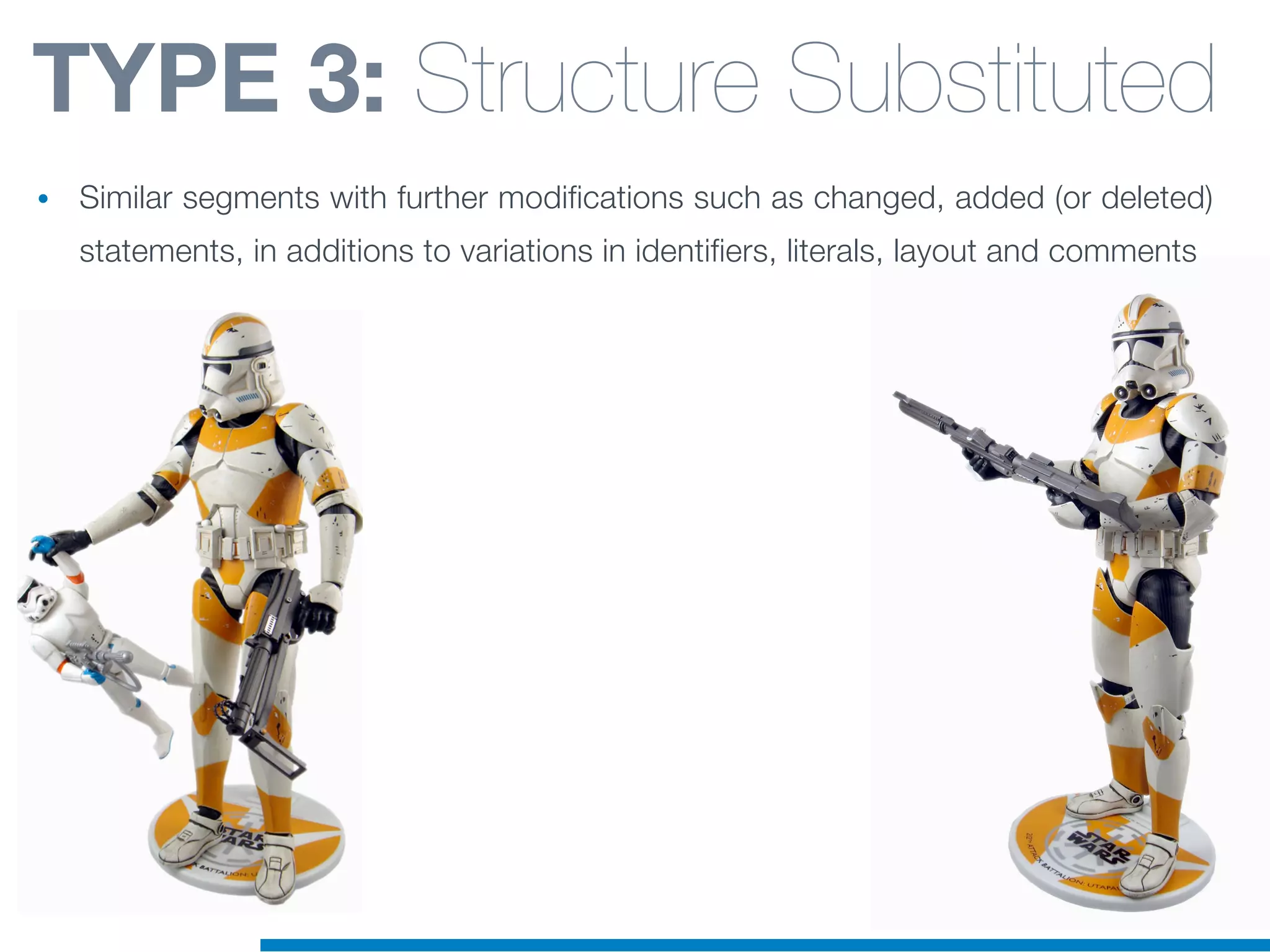 TYPE 3: Structure Substituted
• Similar segments with further modifications such as changed, added (or deleted)
statements, in additions to variations in identifiers, literals, layout and comments
 