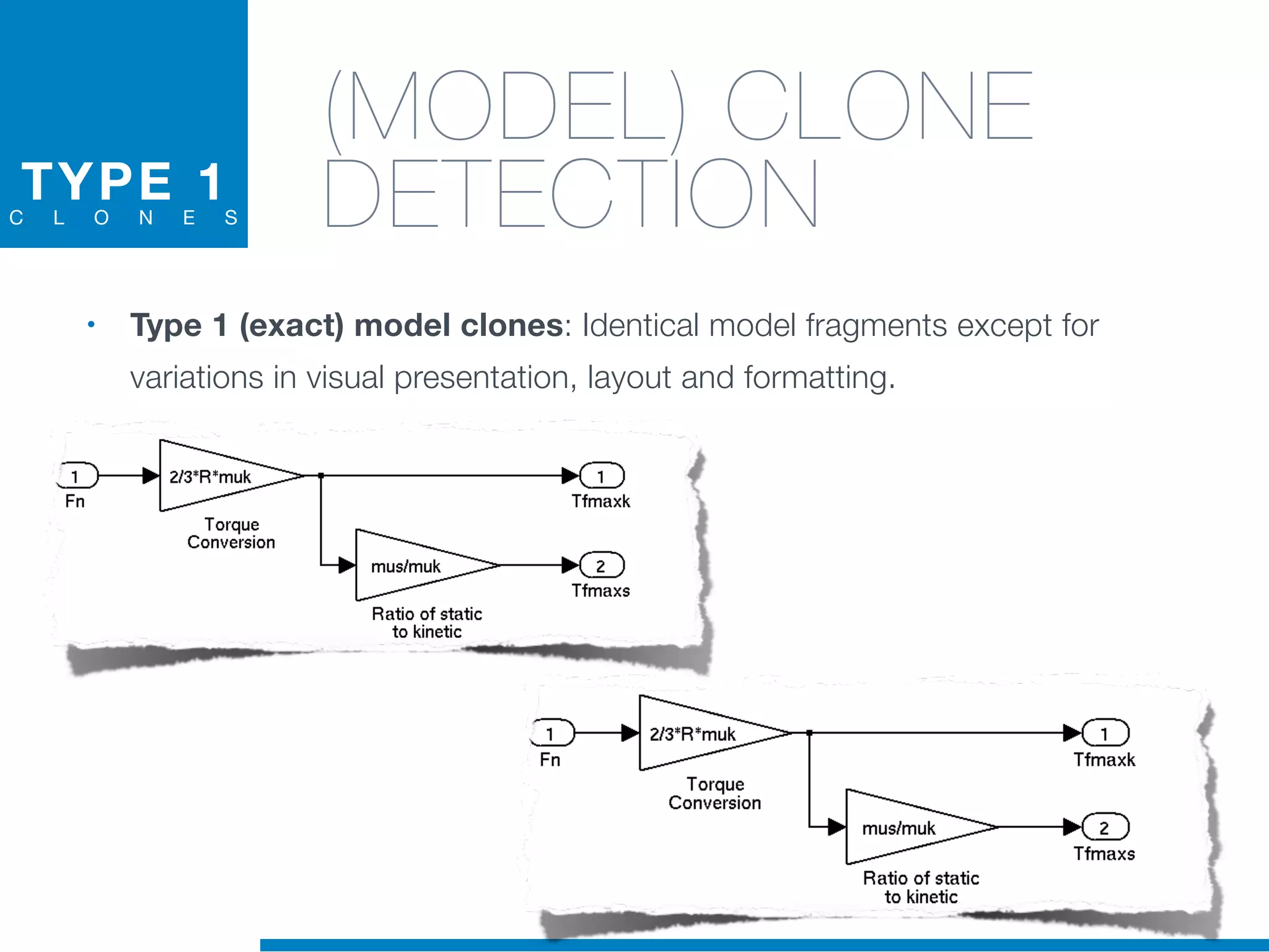 TYPE 1C L O N E S
(MODEL) CLONE
DETECTION
• Type 1 (exact) model clones: Identical model fragments except for
variations in visual presentation, layout and formatting.
 