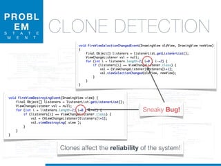 PROBL
EM
S T A T E
M E N T
CLONE DETECTION
Clones affect the reliability of the system!
Sneaky Bug!
 