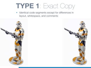 TYPE 1: Exact Copy
• Identical code segments except for differences in
layout, whitespace, and comments
 
