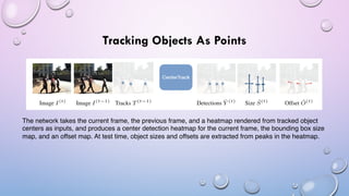 Tracking Objects As Points
The network takes the current frame, the previous frame, and a heatmap rendered from tracked object
centers as inputs, and produces a center detection heatmap for the current frame, the bounding box size
map, and an offset map. At test time, object sizes and offsets are extracted from peaks in the heatmap.
 