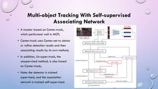 Multi-object Tracking With Self-supervised
Associating Network
• A tracker based on Center-track,
which performed well in MOT;
• Center-track uses Center-net to obtain
or refine detection results and then
associating results by its own method;
• In addition, Un-super-track, the
unsupervised method, is also based
on Center-track;
• Note: the detector is trained
supervised, and the association
network is trained self-supervised.
 
