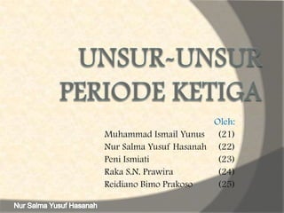 Oleh:
Muhammad Ismail Yunus (21)
Nur Salma Yusuf Hasanah (22)
Peni Ismiati
(23)
Raka S.N. Prawira
(24)
Reidiano Bimo Prakoso
(25)

 