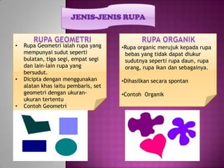 JENIS-JENIS RUPA


•   Rupa Geometri ialah rupa yang     •Rupa organic merujuk kepada rupa
    mempunyai sudut seperti            bebas yang tidak dapat diukur
    bulatan, tiga segi, empat segi     sudutnya seperti rupa daun, rupa
    dan lain-lain rupa yang            orang, rupa ikan dan sebagainya.
    bersudut.
•   Dicipta dengan menggunakan        •Dihasilkan secara spontan
    alatan khas iaitu pembaris, set
    geometri dengan ukuran-           •Contoh Organik
    ukuran tertentu
•   Contoh Geometri
 