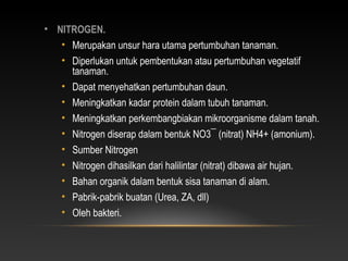 • NITROGEN.
   • Merupakan unsur hara utama pertumbuhan tanaman.
   • Diperlukan untuk pembentukan atau pertumbuhan vegetatif
     tanaman.
   • Dapat menyehatkan pertumbuhan daun.
   • Meningkatkan kadar protein dalam tubuh tanaman.
   • Meningkatkan perkembangbiakan mikroorganisme dalam tanah.
   • Nitrogen diserap dalam bentuk NO3¯ (nitrat) NH4+ (amonium).
   • Sumber Nitrogen
   • Nitrogen dihasilkan dari halilintar (nitrat) dibawa air hujan.
   • Bahan organik dalam bentuk sisa tanaman di alam.
   • Pabrik-pabrik buatan (Urea, ZA, dll)
   • Oleh bakteri.
 