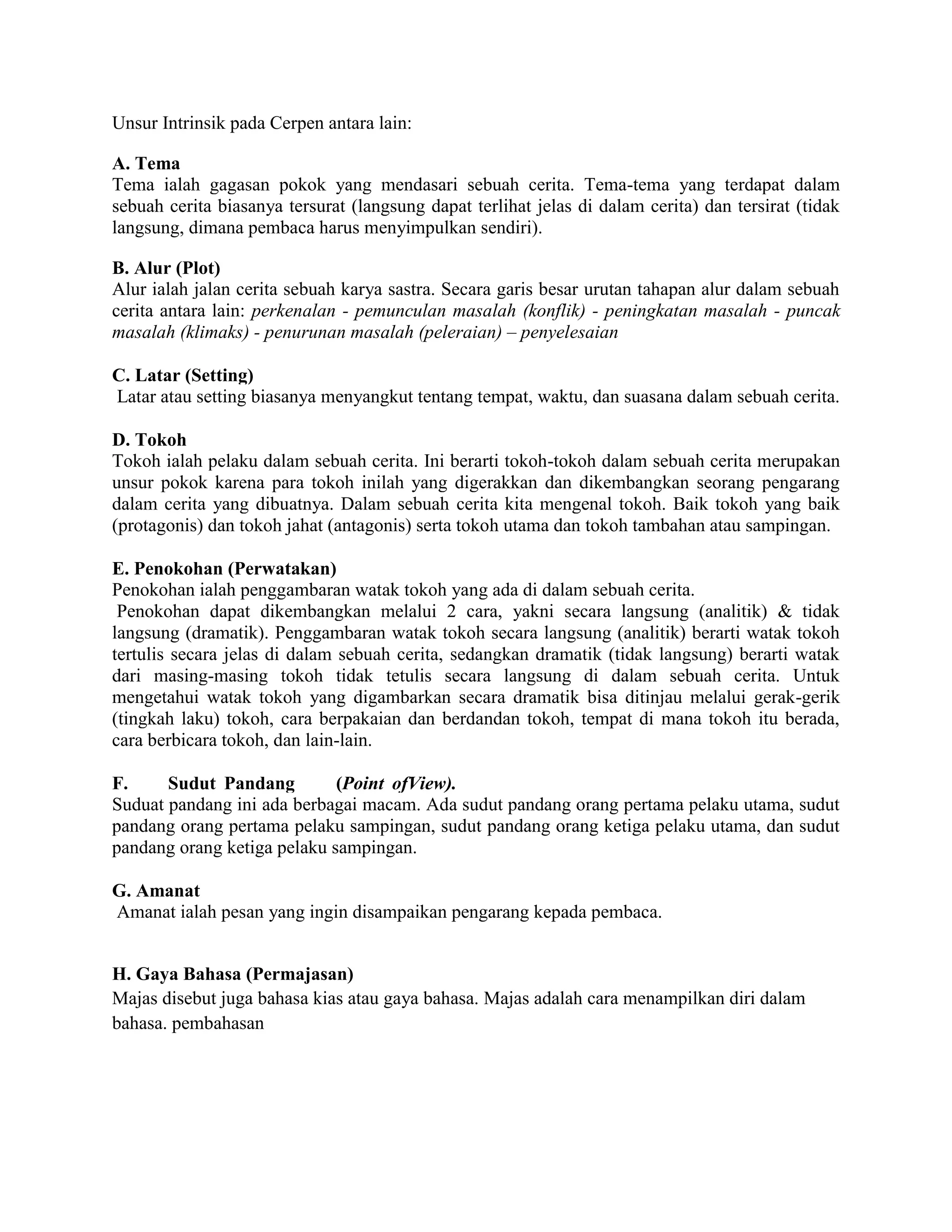 Unsur intrinsik pada cerpen antara lain | PDF