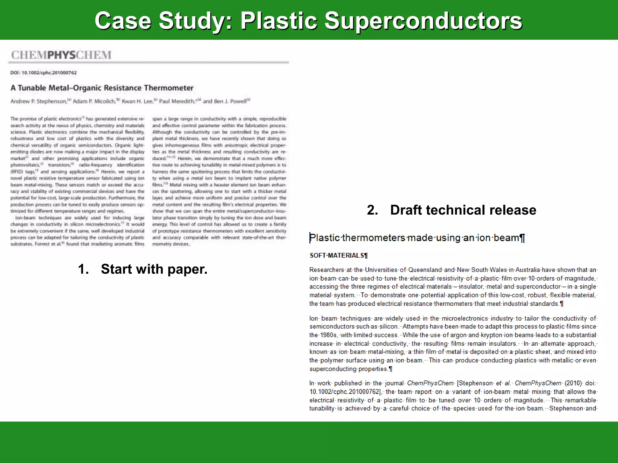 Case Study: Plastic Superconductors




                        2. Draft technical release



1. Start with paper.
 