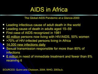 AIDS in Africa
                 The Global AIDS Pandemic at a Glance-2000

   Leading infectious cause of adult death in the world
   Leading cause of death in adults aged 15–59
   First case of AIDS recognized in 1981
   40 million persons now living with HIV/AIDS, 50% women
   >70% of HIV-infected persons living in Africa
   14,000 new infections daily
   Sexual transmission responsible for more than 85% of
    infections
   6 million in need of immediate treatment and fewer than 8%
    receiving it

SOURCES: Quinn and Chaisson, 2004; WHO, 2003a,b.
 