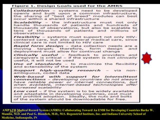 AMPATH 2012
     July 9,
             Medical Record System (AMRS): Collaborating Toward An EMR for Developing Countries Burke W.
Mamlin, M.D. and Paul G. Biondich, M.D., M.S. Regenstrief Institute, Inc. and Indiana University School of
Medicine, Indianapolis, IN
 