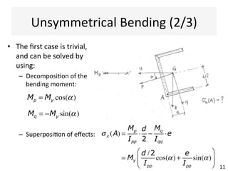Unsymmetrical	
  Bending	
  (1/3)	
  
11	
  
•  The	
  case	
  of	
  unsymmetric	
  bending	
  deals	
  with:	
  
–  EITHER	
  a	
  bending	
  moment	
  ac@ng	
  about	
  an	
  axis	
  which	
  is	
  
neither	
  an	
  axis	
  of	
  symmetry,	
  nor	
  orthogonal	
  to	
  it	
  (le9)	
  
–  OR	
  a	
  beam’s	
  cross	
  sec@on	
  which	
  does	
  not	
  have	
  any	
  axis	
  of	
  
symmetry	
  (right)	
  
x
z
y
beam
’saxis
My
G
x
z
y
axis of symmetry
beam
’saxis
My
G
 