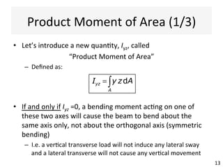 Unsymmetrical	
  Bending	
  (3/3)	
  
13	
  
•  Par@cular	
  cases…	
  
Bending	
  about	
  the	
  strong	
  axis	
  
σx (A) =
My
Ipp
⋅
d
2
Bending	
  about	
  the	
  weak	
  axis	
  
σ x (A) =
My
Iqq
⋅e
 