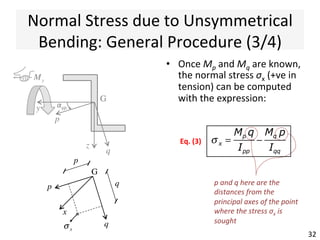 Normal	
  Stress	
  due	
  to	
  Unsymmetrical	
  
Bending:	
  General	
  Procedure	
  (2/4)	
  
•  If	
  the	
  bending	
  does	
  not	
  act	
  
along	
  one	
  of	
  the	
  principal	
  
axis	
  (p	
  and	
  q),	
  then	
  the	
  
bending	
  moment	
  can	
  be	
  
decomposed	
  along	
  the	
  
principal	
  axes	
  
•  Similarly	
  for	
  the	
  case	
  of	
  the	
  
bending	
  moment	
  Mz	
  (due,	
  
for	
  instance,	
  to	
  some	
  lateral	
  
forces):	
  
	
  
	
  	
  
32	
  
My
z
y
G
q
p
ααyp	
  
M p = Mz sin(α)
Mq = Mz cos(α)
⎧
⎨
⎪
⎩⎪
M p
(> 0)
α
Mz (> 0)
M q
(> 0)αzq	
  
 