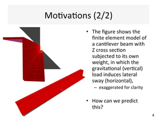 Mo@va@ons	
  (2/2)	
  
•  The	
  ﬁgure	
  shows	
  the	
  
ﬁnite	
  element	
  model	
  of	
  
a	
  can@lever	
  beam	
  with	
  
Z	
  cross	
  sec@on	
  
subjected	
  to	
  its	
  own	
  
weight,	
  in	
  which	
  the	
  
gravita@onal	
  (ver@cal)	
  
load	
  induces	
  lateral	
  
sway	
  (horizontal),	
  	
  
–  exaggerated	
  for	
  clarity	
  
•  How	
  can	
  we	
  predict	
  
this?	
  
4	
  
XY X
Z
Y
Z
X
Y
X
Z
Y
Z
 