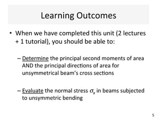 Learning	
  Outcomes	
  
•  When	
  we	
  have	
  completed	
  this	
  unit	
  (2	
  lectures	
  
+	
  1	
  tutorial),	
  you	
  should	
  be	
  able	
  to:	
  
– Determine	
  the	
  principal	
  second	
  moments	
  of	
  area	
  
AND	
  the	
  principal	
  direc@ons	
  of	
  area	
  for	
  
unsymmetrical	
  beam’s	
  cross	
  sec@ons	
  
– Evaluate	
  the	
  normal	
  stress	
  σx	
  in	
  beams	
  subjected	
  
to	
  unsymmetric	
  bending	
  
5	
  
 