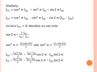 Similarly, 
Ivv = cos2 ∝ Iyy + sin2 ∝ Ixx + sin 2 ∝ Ixy 
Iuv = cos2 ∝ Ixy - sin2 ∝ Ixy - sin 2 ∝ (Ixx - Iyy) 
we have Iuv = 0, therefore we can write 
tan 2 ∝ = 
2 Ixy 
Ixx− Iyy 
cos2 ∝ = 
(1+cos 2∝) 
2 
and sin2 ∝ = 
(1−cos 2∝) 
2 
Iuu = 
Ixx+ Iyy 
2 
+ 
Ixx− Iyy 
2 
cos 2 ∝ - Ixy sin 2 ∝ 
Ivv = 
Ixx+ Iyy 
2 
- 
Ixx− Iyy 
2 
cos 2 ∝ + Ixy sin 2 ∝ 
 