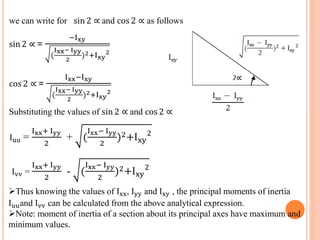 we can write for sin 2 ∝ and cos 2 ∝ as follows 
sin 2 ∝ = 
−Ixy 
( 
Ixx− Iyy 
2 
)2+Ixy 
2 
cos 2 ∝ = 
Ixx−Ixy 
( 
Ixx− Iyy 
2 
)2+Ixy 
2 
Substituting the values of sin 2 ∝ and cos 2 ∝ 
Iuu = 
Ixx+ Iyy 
2 
+ ( 
Ixx− Iyy 
2 
)2+Ixy 
2 
Ivv = 
Ixx+ Iyy 
2 
- ( 
Ixx− Iyy 
2 
)2+Ixy 
2 
Thus knowing the values of Ixx, Iyy and Ixy , the principal moments of inertia 
Iuuand Ivv can be calculated from the above analytical expression. 
Note: moment of inertia of a section about its principal axes have maximum and 
minimum values. 
 
