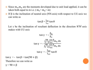  Since mv,mu are the moments developed due to unit load applied, it can be 
taken both equal to m i.e. ( mv= mu= m) 
 If β is the inclination of neutral axis (NN-axis) with respect to UU-axis we 
can write as 
tan β = 
Iuu 
Ivv 
tan θ 
Let γ be the inclination of resultant deflection in the direction N!N!-axis 
makes with UU-axis 
tan γ = - 
δu 
δv 
tan γ = - 
lM sin θ 
0 
E Ivv 
mu dx 
lM cos θ 
0 
E Iuu 
mv dx 
tan γ = - 
Iuu 
Ivv 
tan θ 
tan γ = - tan β = tan(90 + β) 
Therefore we can write as 
γ = 90 + β 
 