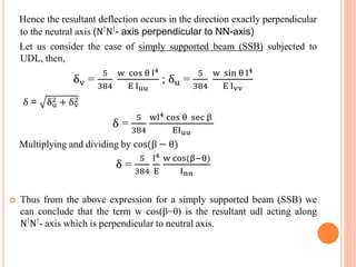 Hence the resultant deflection occurs in the direction exactly perpendicular 
to the neutral axis (N!N!- axis perpendicular to NN-axis) 
Let us consider the case of simply supported beam (SSB) subjected to 
UDL, then, 
δv = 
5 
384 
w cos θ l4 
E Iuu 
; δu = 
5 
384 
w sin θ l4 
E Ivv 
δ = δu 2 
2 
+ δv 
δ = 
5 
384 
wl4 cos θ sec β 
EIuu 
Multiplying and dividing by cos(β − θ) 
δ = 
5 
384 
l4 
E 
w cos(β−θ) 
Inn 
 Thus from the above expression for a simply supported beam (SSB) we 
can conclude that the term w cos(β−θ) is the resultant udl acting along 
N!N!- axis which is perpendicular to neutral axis. 
 