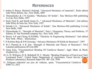 REFERENCES 
1. Arthur P. Boresi, Richard J.Schindt, “Advanced Mechanics of materials”, Sixth edition 
JohnWiley &Sons. Inc., New Delhi, 2005 
2. Thimoshenko & J N Goodier, “Mechanics Of Solids”, Tata McGraw-Hill publishing 
Co.Ltd, New Delhi, 1997 
3. Seely Fred B. and Smith James O., “ Advanced Mechanics of Materials”, 2nd edition, 
JohnWiley & Sons Inc, New York, 1952 
4. Srinath L.S., “Advanced Mechanics of Solids”, Tata McGraw-Hill publishing Co.Ltd, 
New Delhi, 1980 
5. Thimoshenko S., “Strength of Materials”, Part-1, Elementary Theory and Problems, 3rd 
Edition, D. Van Nostrand company Inc., New York, 1955 
6. Boresi A.P and Chong K.P(2000), “Elasticity In Engineering Mechanics” 2nd edition 
New York ;Wiley – Interscience. 
7. N Krishna Raju & D R Gururaja, “Advance Mechanics Of Solids & Structures”, 1997 
8. B C Punmia & A K Jain. “Strength of Materials and Theory of Structures”, Vol.2 
Lakshmi publications (P) Ltd.2002 
9. Jiang Furu, “Unsymmetrical Bending Of Cantilever Beams”, Appl. Math. & Mech. 
(English Ed.), 1982 
10. G. D. Williams, D. R. Bohnhoff, R. C. Moody, “Bending Properties of Four-Layer Nail- 
Laminated Posts”, United States Department of Agriculture, Forest Service (Forest 
Products Laboratory), Research Paper FPL–RP–528, 1994 
11. Poligona industrial san jose de valderas, spain, “Unsymmetrical Cantilever Unit”, 
ED01/12, 2012 
