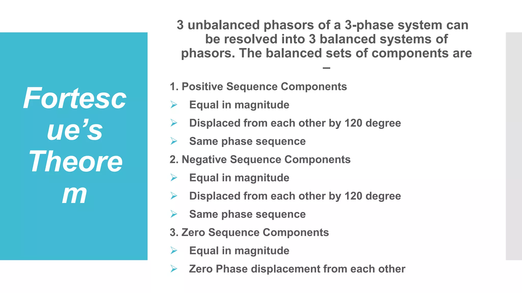 Fortesc
ue’s
Theore
m
3 unbalanced phasors of a 3-phase system can
be resolved into 3 balanced systems of
phasors. The balanced sets of components are
–
1. Positive Sequence Components
 Equal in magnitude
 Displaced from each other by 120 degree
 Same phase sequence
2. Negative Sequence Components
 Equal in magnitude
 Displaced from each other by 120 degree
 Same phase sequence
3. Zero Sequence Components
 Equal in magnitude
 Zero Phase displacement from each other
 