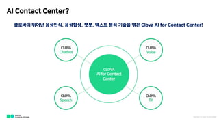 AI Contact Center?
???? ??? ????, ????, ??, ??? ?? ??? ?? Clova AI for Contact Center!
NAVER C LOU D PLATFOR M
 