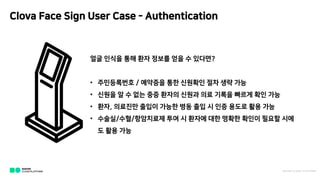 Clova Face Sign User Case - Authentication
NAVER C LOU D PLATFOR M
?? ??? ?? ?? ??? ?? ? ????
? ?????? / ???? ?? ???? ?? ?? ??
? ??? ? ? ?? ?? ??? ??? ?? ??? ??? ?? ??
? ??, ???? ??? ??? ?? ?? ? ?? ??? ?? ??
? ???/??/????? ?? ? ??? ?? ??? ??? ??? ??
? ?? ??
 