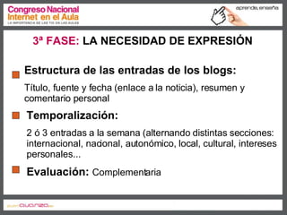 3ª FASE:   LA NECESIDAD DE EXPRESIÓN Estructura de las entradas de los blogs: Título, fuente y fecha (enlace a la noticia), resumen y comentario personal Temporalización: 2 ó 3 entradas a la semana (alternando distintas secciones: internacional, nacional, autonómico, local, cultural, intereses personales... Evaluación:  Complementaria 