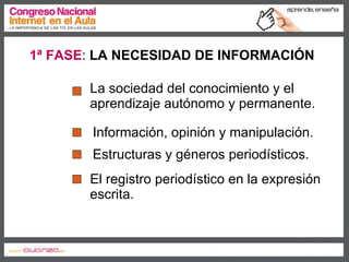 La sociedad del conocimiento y el aprendizaje autónomo y permanente.   Información, opinión y manipulación.  Estructuras y géneros periodísticos.  El registro periodístico en la expresión escrita. 1ª FASE :  LA NECESIDAD DE INFORMACIÓN 