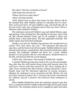 She asked, “Who has a Labrador at home?”
Little hands shot into the air.
“Whose Lab loves to play chase?”
“Mine!” the kids shouted.
“Well, Minnie loves to chase this bunny! So first, Minnie will do
the Cheetah Run while Tabitha watches to remember how it’s done.
Then we’ll count down, I’ll open Tabitha’s cage, and she’ll take off. At
the end of the route, just a hundred meters that way, there will be a
delicious steak waiting for Tabitha.”
The zookeeper uncovered Tabitha’s cage and walked Minnie, eager
and panting, to the starting line. She signaled to the jeep, and it took
off. She released Minnie’s leash, and we all watched a yellow Lab
joyfully chase a dirty pink bunny. The kids applauded earnestly. The
adults wiped sweat from their foreheads.
Finally it was time for Tabitha’s big moment. We counted down in
unison: “Five, four, three, two, one…” The zookeeper slid open the
cage door, and the bunny took off once again. Tabitha bolted out, laser
focused on the bunny, a spotted blur. She crossed the finish line within
seconds. The zookeeper whistled and threw her a steak. Tabitha
pinned it to the ground with her oven-mitt paws, hunkered down in
the dirt, and chewed while the crowd clapped.
I didn’t clap. I felt queasy. The taming of Tabitha felt…familiar.
I watched Tabitha gnawing that steak in the zoo dirt and thought:
Day after day this wild animal chases dirty pink bunnies down the
well-worn, narrow path they cleared for her. Never looking left or
right. Never catching that damn bunny, settling instead for a store-
bought steak and the distracted approval of sweaty strangers.
Obeying the zookeeper’s every command, just like Minnie, the Lab
she’s been trained to believe she is. Unaware that if she remembered
her wildness—just for a moment—she could tear those zookeepers to
shreds.
When Tabitha finished her steak, the zookeeper opened a gate that
led to a small fenced field. Tabitha walked through and the gate closed
behind her. The zookeeper picked up her megaphone again and asked
 