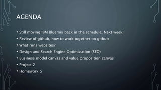 AGENDA
• Still moving IBM Bluemix back in the schedule. Next week!
• Review of github, how to work together on github
• What runs websites?
• Design and Search Engine Optimization (SEO)
• Business model canvas and value proposition canvas
• Project 2
• Homework 5
 