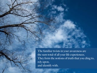 The familiar twists in your awareness are
the sum total of all your life experiences.
They form the notions of truth that you cling to,
rely upon,
and identify with.
 