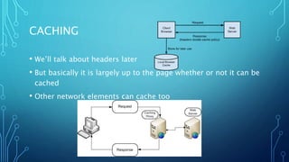 CACHING
• We’ll talk about headers later
• But basically it is largely up to the page whether or not it can be
cached
• Other network elements can cache too
 