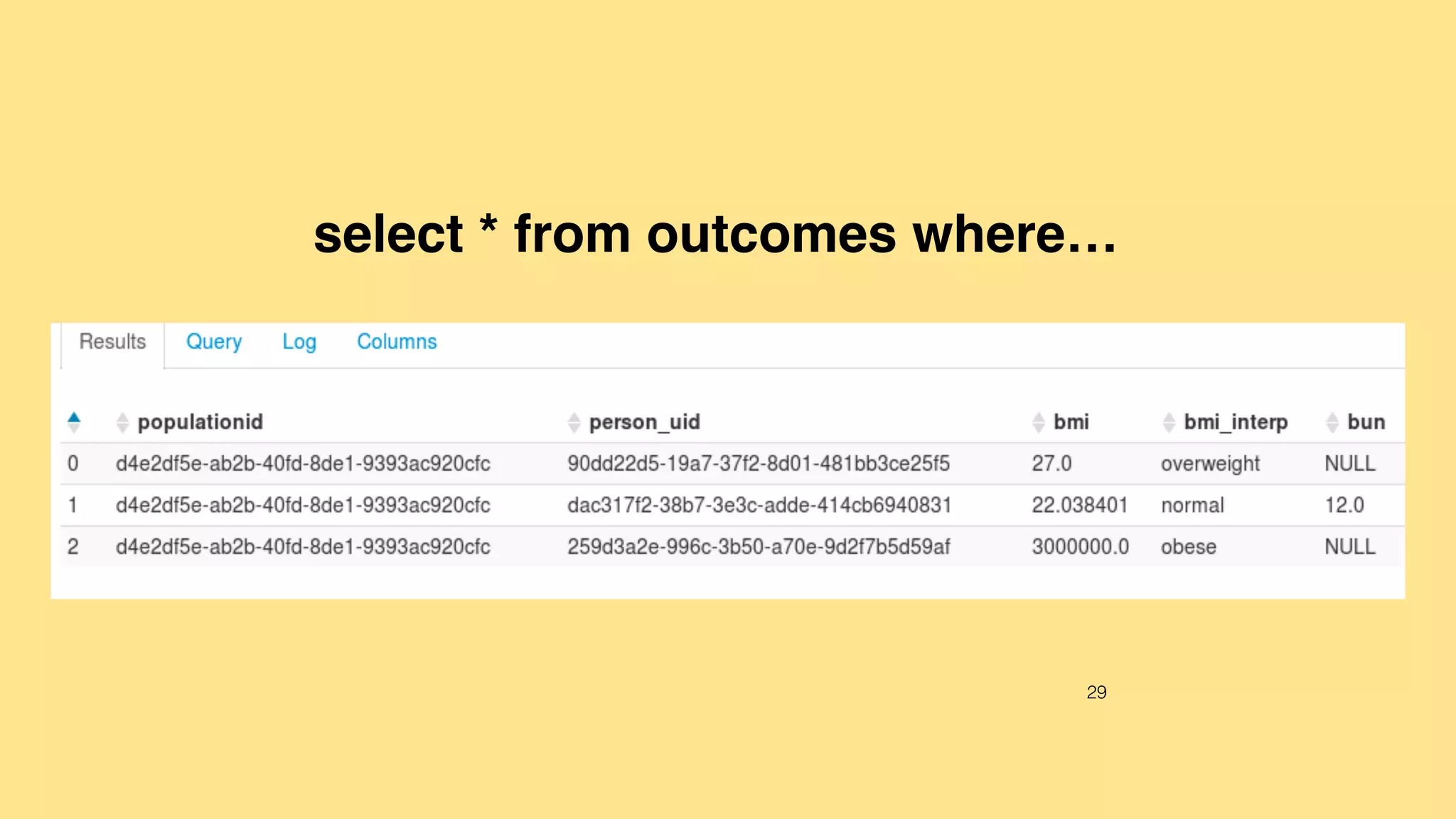 29
select * from outcomes where…
 