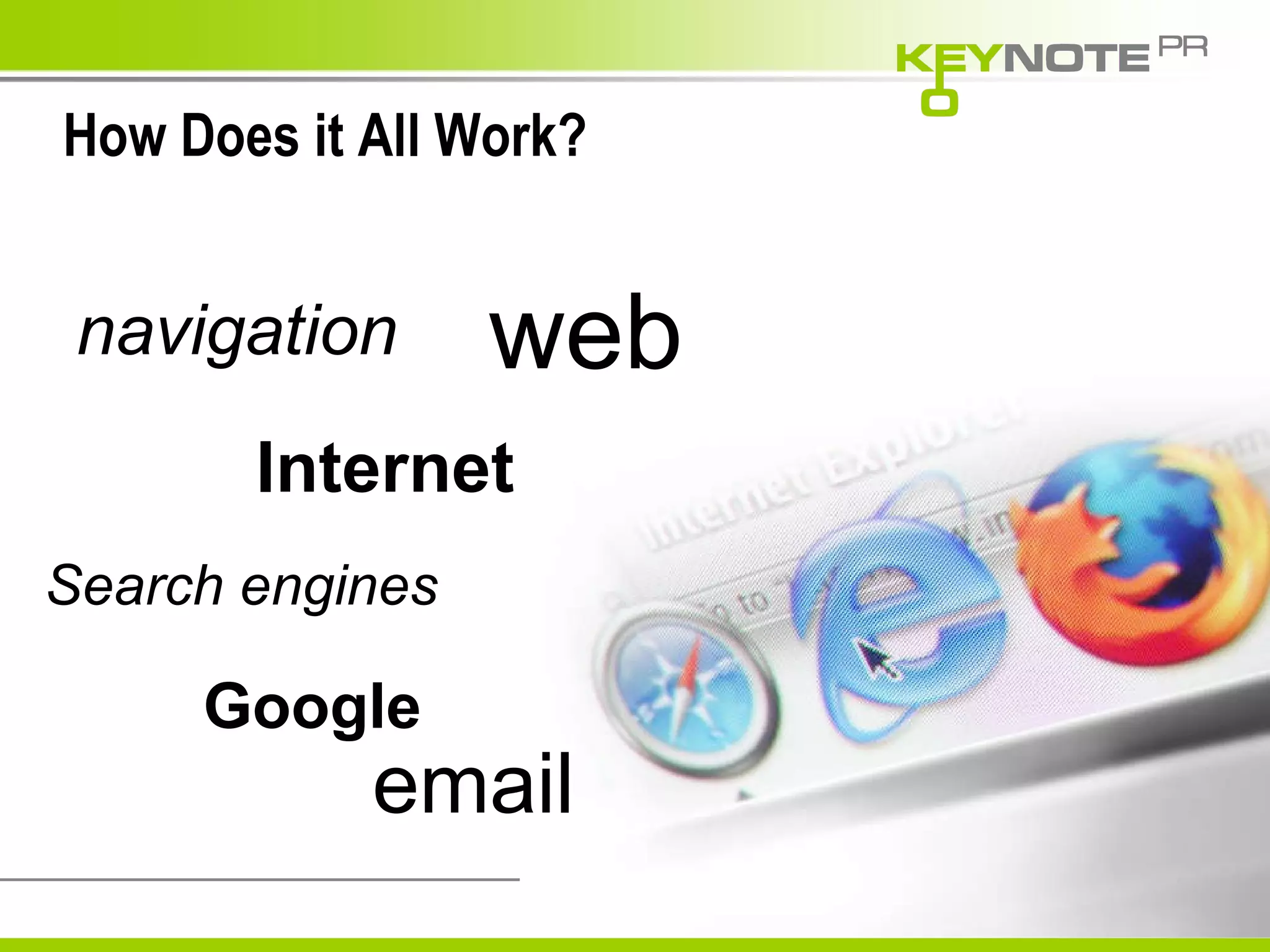 How Does it All Work? Internet navigation Search engines email web Google 