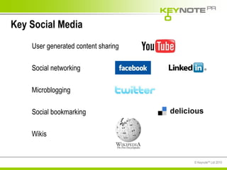 Key Social Media User generated content sharing Social networking Microblogging Social bookmarking Wikis 