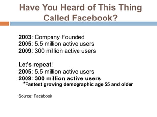 Have You Heard of This Thing Called Facebook?2003: Company Founded2005: 5.5 million active users2009: 300 million active usersLet’s repeat! 2005: 5.5 million active users2009: 300 million active users*Fastest growing demographic age 55 and olderSource: Facebook