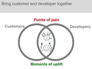 Bring customer and developer together


                Points of pain
 Customers                         Developers




               Moments of uplift
 