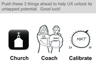 Push these 3 things ahead to help UX unlock its
untapped potential. Good luck!




    Church          Coach          Calibrate
 