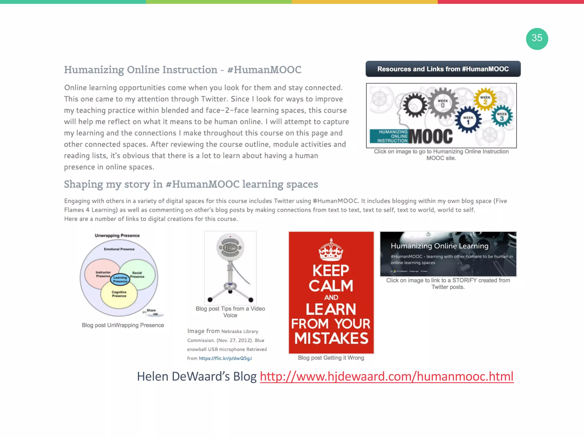 35
Helen DeWaard’s Blog http://www.hjdewaard.com/humanmooc.html
 