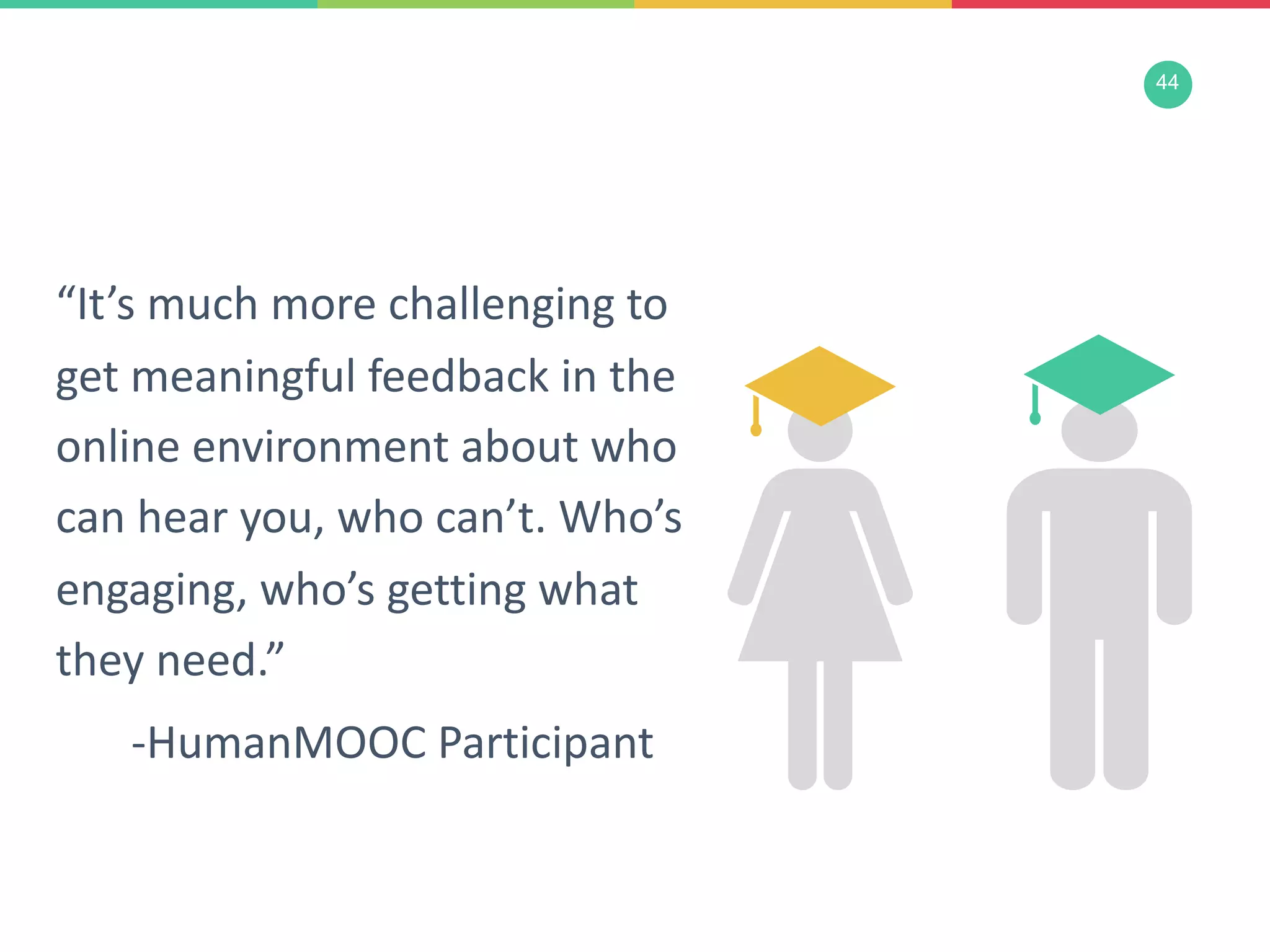 44
“It’s much more challenging to
get meaningful feedback in the
online environment about who
can hear you, who can’t. Who’s
engaging, who’s getting what
they need.”
-HumanMOOC Participant
 