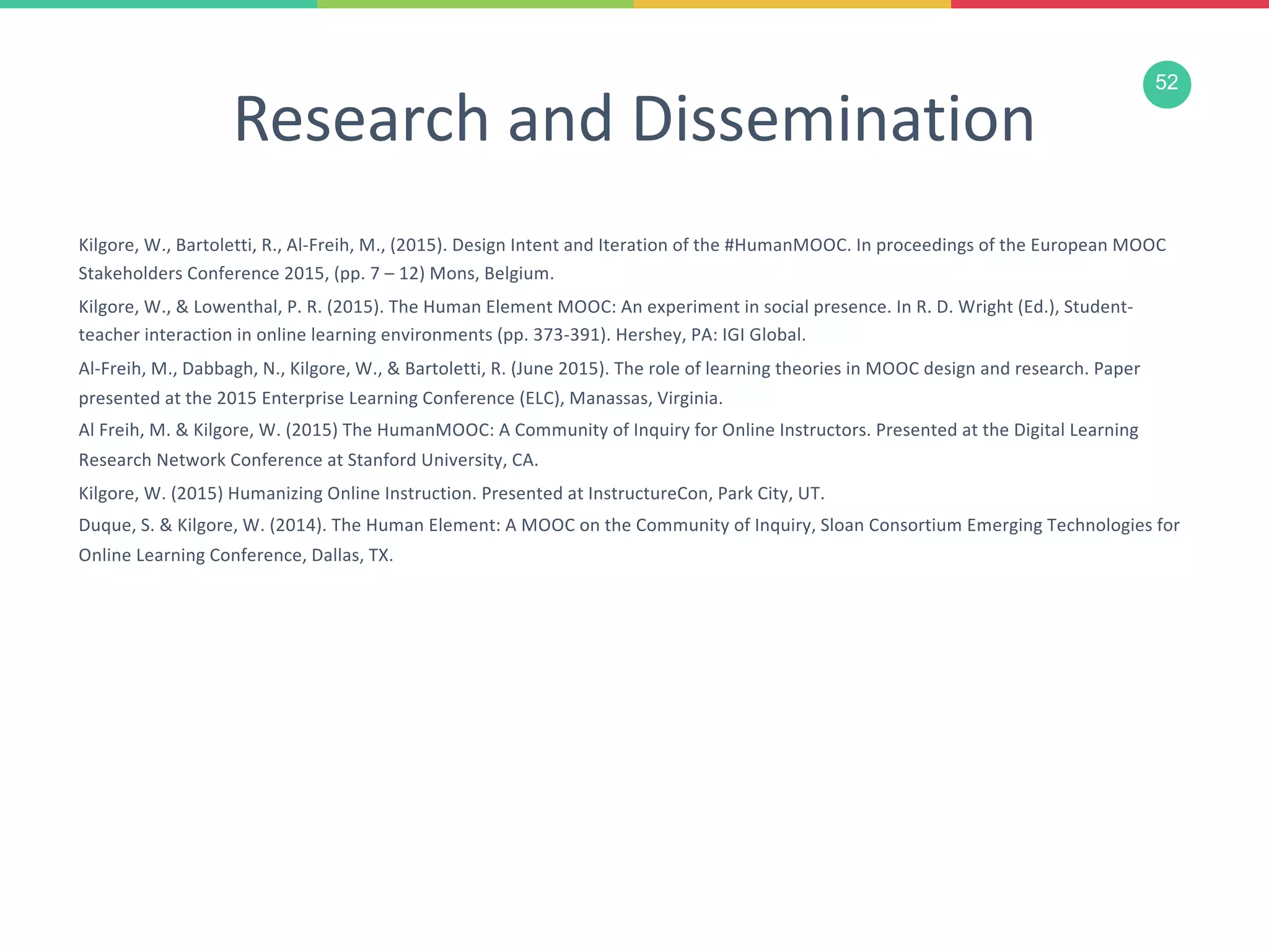 52
Research and Dissemination
Kilgore, W., Bartoletti, R., Al-Freih, M., (2015). Design Intent and Iteration of the #HumanMOOC. In proceedings of the European MOOC
Stakeholders Conference 2015, (pp. 7 – 12) Mons, Belgium.
Kilgore, W., & Lowenthal, P. R. (2015). The Human Element MOOC: An experiment in social presence. In R. D. Wright (Ed.), Student-
teacher interaction in online learning environments (pp. 373-391). Hershey, PA: IGI Global.
Al-Freih, M., Dabbagh, N., Kilgore, W., & Bartoletti, R. (June 2015). The role of learning theories in MOOC design and research. Paper
presented at the 2015 Enterprise Learning Conference (ELC), Manassas, Virginia.
Al Freih, M. & Kilgore, W. (2015) The HumanMOOC: A Community of Inquiry for Online Instructors. Presented at the Digital Learning
Research Network Conference at Stanford University, CA.
Kilgore, W. (2015) Humanizing Online Instruction. Presented at InstructureCon, Park City, UT.
Duque, S. & Kilgore, W. (2014). The Human Element: A MOOC on the Community of Inquiry, Sloan Consortium Emerging Technologies for
Online Learning Conference, Dallas, TX.
 