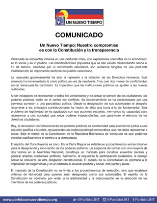 (Comunicado) Un Nuevo Tiempo: nuestro compromiso es con la Constitución y la transparencia