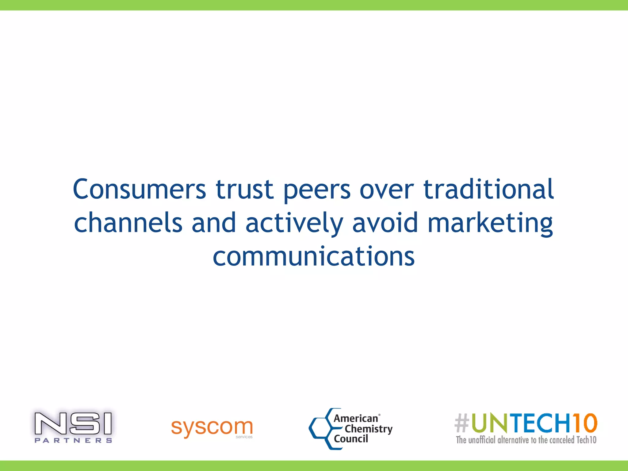 Consumers trust peers over traditional
channels and actively avoid marketing
communications
 