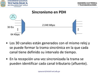 INGENIERÍA ELECTRÓNICA
                                                   Y TELECOMUNICACIONES



                 Sincronismo en PDH


                         2.048 Mbps
30 Eo
        •
        •                                         •
                                                  •
        •                                         •
   64 Kbps


• Los 30 canales están generados con el mismo reloj y
  se puede formar la trama sincrónica en la que cada
  canal tiene definido su intervalo de tiempo.
• En la recepción una vez sincronizada la trama se
  pueden identificar cada canal tributario (afluente).
                     rpaucar@inictel-uni.edu.pe
 
