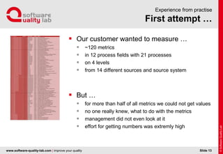 www.software-quality-lab.com | improve your quality
First attempt …
Experience from practise
 Our customer wanted to measure …
 ~120 metrics
 in 12 process fields with 21 processes
 on 4 levels
 from 14 different sources and source system
 But …
 for more than half of all metrics we could not get values
 no one really knew, what to do with the metrics
 management did not even look at it
 effort for getting numbers was extremly high
Slide 13
 