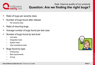 www.software-quality-lab.com | improve your quality
Question: Are we finding the right bugs?
Goal: Improve quality of our products
 Ratio of bugs per severity class
 Number of bugs found after release
 Per severity class
 Ratio of recurring bugs
 Average number of bugs found per test case
 Number of bugs found by test level
 Unit tests
 Integration tests
 System tests
 User acceptance tests
 Bugs found by type
 Coding bug
 Bad requirements
 UI bug
 …
Slide 9
 
