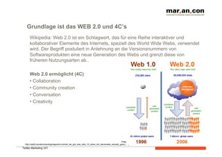 Grundlage ist das WEB 2.0 und 4C’s
      Wikipedia: Web 2.0 ist ein Schlagwort, das für eine Reihe interaktiver und
      kollaborativer Elemente des Internets, speziell des World Wide Webs, verwendet
      wird. Der Begriff postuliert in Anlehnung an die Versionsnummern von
      Softwareprodukten eine neue Generation des Webs und grenzt diese von
      früheren Nutzungsarten ab..

      Web 2.0 ermöglicht (4C)
      •  Collaboration
      •  Community creation
      •  Conversation
      •  Creativity




                                                                                              Image source:
  http://web2.socialcomputingmagazine.com/all_we_got_was_web_10_when_tim_bernerslee_actually_gave_us_w.htm
Twitter-Marketing V01
 