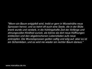 "Wenn ein Baum entgipfelt wird, treibt er gern in Wurzelnähe neue Sprossen hervor, und so kehrt oft auch eine Seele, die in der Blüte krank wurde und verdarb, in die frühlingshafte Zeit der Anfänge und ahnungsvollen Kindheit zurück, als könne sie dort neue Hoffnungen entdecken und den abgebrochenen Lebensfaden aufs neue anknüpfen. Die Wurzelsprossen geilten saftig und eilig auf, aber es ist ein Scheinleben, und es wird nie wieder ein rechter Baum daraus." www.marcellus.de.ms 