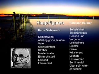 Hauptfiguren Hans Giebenrath Selbstzweifel Abhängig von seinem Vater Gewissenhaft Streber Musterknabe Ehrfurchtsvoll  Leidend Introvertiert Hermann Heilner Selbstsicher Selbständiges Denken und Vorgehen Leichtsinnig Dichter Genie Kritisierend Lebhaft Extrovertiert Sentimental Über sein Alter  entwickelt 